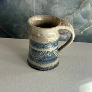Studio Art Pottery Mug 4.5" Stoneware Blue & Tan Striped Speckled Wave